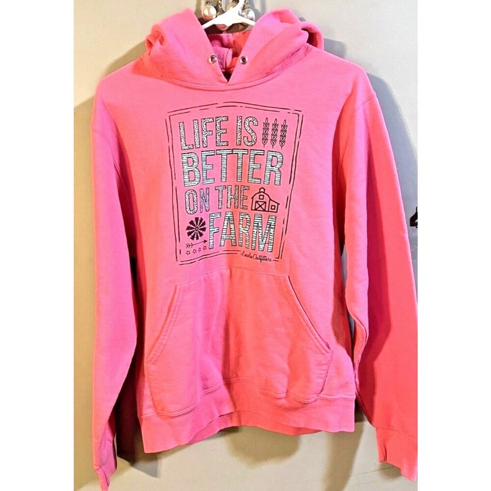Jerzees Pullover Girls Pink Farm Graphic Hoodie / Long Sleeve Bright Pink SMALL
